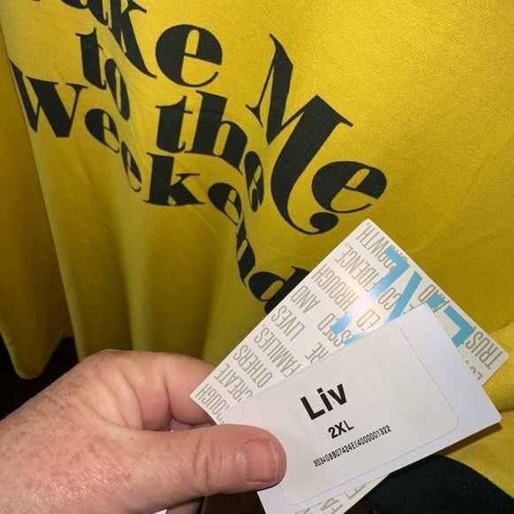 Lularoe 2X yellow with black trim Liv graphic T. NWT “Take me to the weekend” - Picture 4 of 7